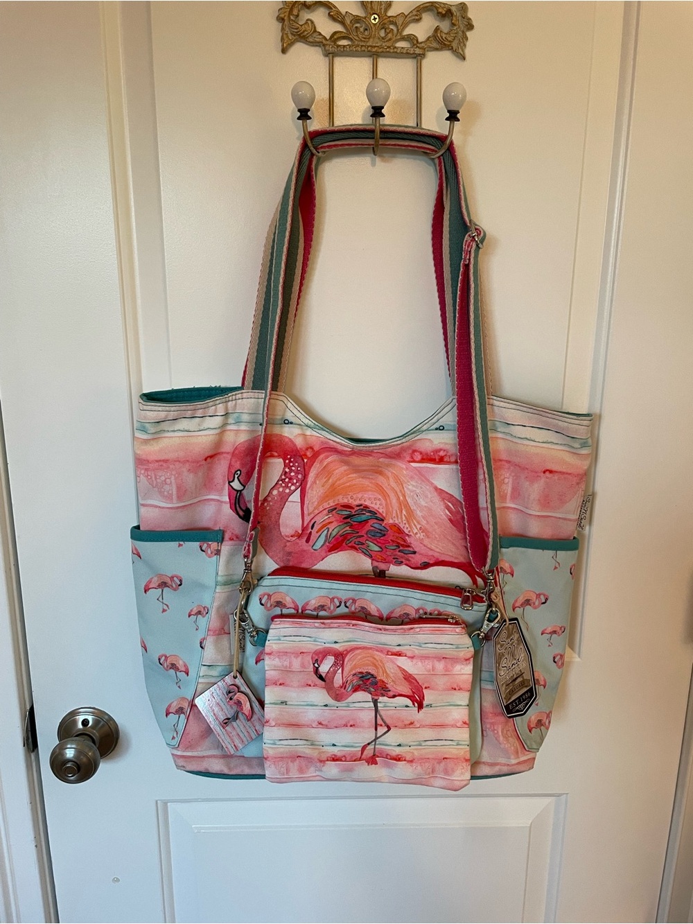 Flamingo Print Tote Bag with Crossbody Pouch - Pink & Teal